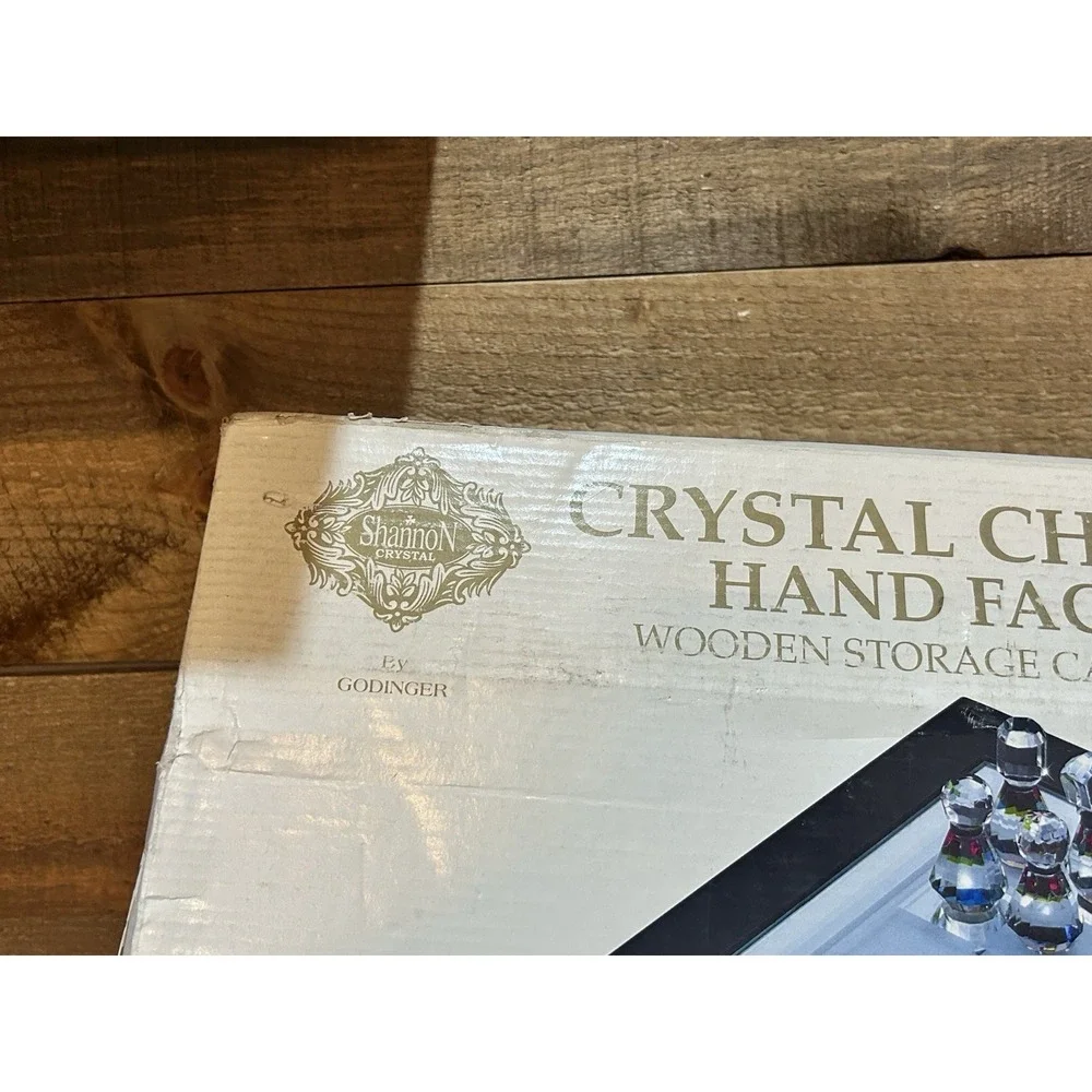 Shannon‎ By Godinger Crystal Chess Set Hand Faceted Wooden Storage Case NEW
